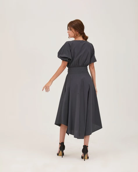 Poplin Kemerli Midi Elbise Füme - 4