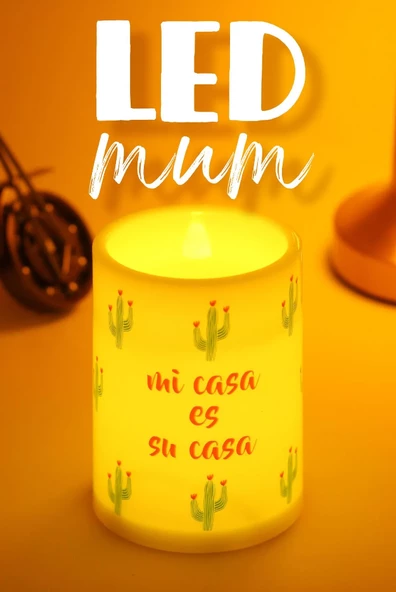 3Lü Kaktüs Led Mum Bardak Tipi Pilli Dumansız Alevli Dekoratif Yapay Mum 10 cm