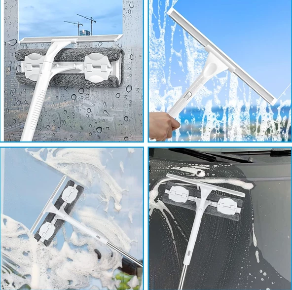 QASUL Pencere Sileceği Temizleyici 2'si 1 Arada Pencere Temizleme Aracı Araba Ön Cam Temizleme Kiti Uzatma Direği ile Yıkama Ekipmanı İç Mekan/Dış Mekan Pencereleri - 7