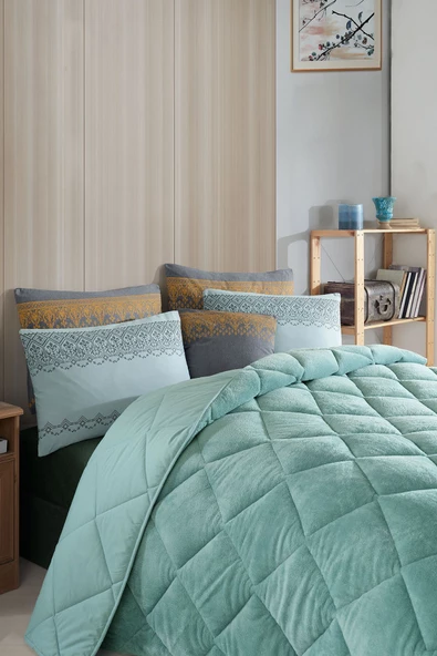 Uykulin Çift Kişilik Wellsoft Uyku Seti Çift Taraflı Lastikli Çarşaflı 4 Yastık Kılıflı 6 Parça Set YEŞİL - 2