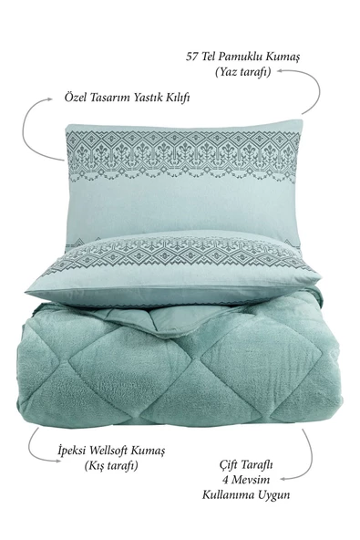 Uykulin Çift Kişilik Wellsoft Uyku Seti Çift Taraflı Lastikli Çarşaflı 4 Yastık Kılıflı 6 Parça Set YEŞİL - 3