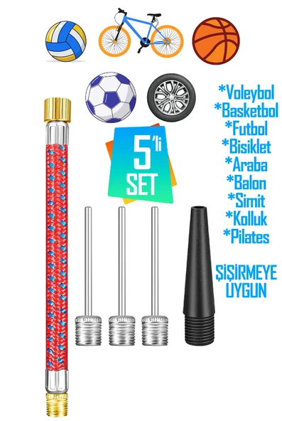 5'li SET Top Şişirme İğnesi Seti Voleybol Basketbol Futbol Bisiklet Pilates Şişirme Seti