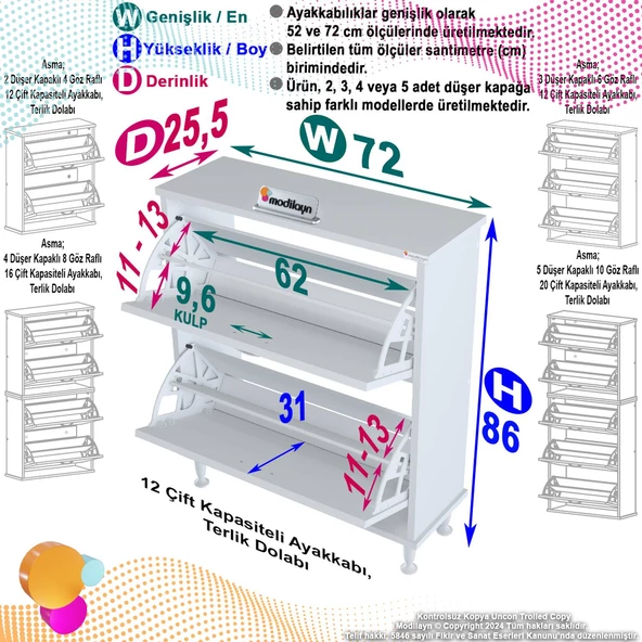 Modilayn UMAY Antre Hol 72 x 90 x 25, 5 cm’ lik 2 Düşer Kapak 4 Göz Raf Bölmeli Ayakkabılık - 5