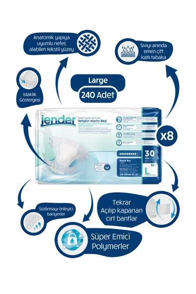 Jender Belbantlı Büyük Boy L 30'lu 8 Adet Hasta Bezi ürün görseli 1