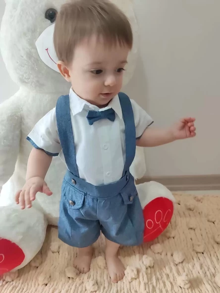 Papyonlu Gömlek 2li Erkek Bebek Salopet Takımı İndigo - 7