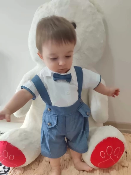 Papyonlu Gömlek 2li Erkek Bebek Salopet Takımı İndigo - 5