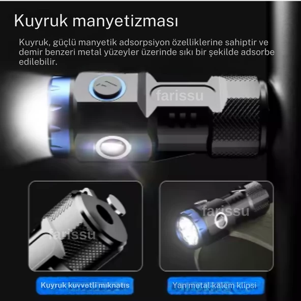 8x LED Yüksek Parlaklıkta Mini El Feneri – USB Şarjlı, Mıknatıslı ve Taşınabilir Çalışma Işığı - 2