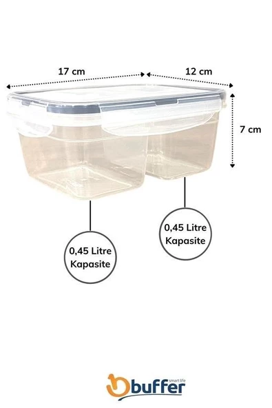 2 Bölmeli 0,45+0,45 Litre Kilitli Kapaklı Erzak Saklama Kabı LC-524 - 6