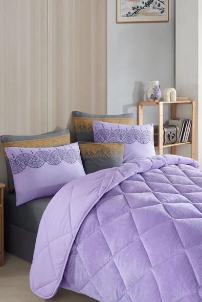 Uykulin Çift Kişilik Wellsoft Uyku Seti Çift Taraflı Lastikli Çarşaflı 4 Yastık Kılıflı 6 Parça Set lila - 3