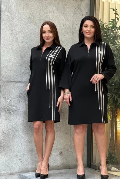 Trend Kadın Özel Tasarım Taşlı Şerit Detaylı Şık Elbise - Resim 5