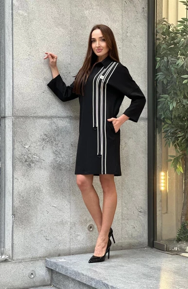 Trend Kadın Özel Tasarım Taşlı Şerit Detaylı Şık Elbise - Resim 4