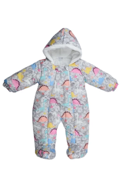 Dinozor Desen Patikli Fermuarlı İçi Kürklü Kapüşonlu Kışlık Erkek Kız Bebek Astronot Tulum Kozmonot - 3