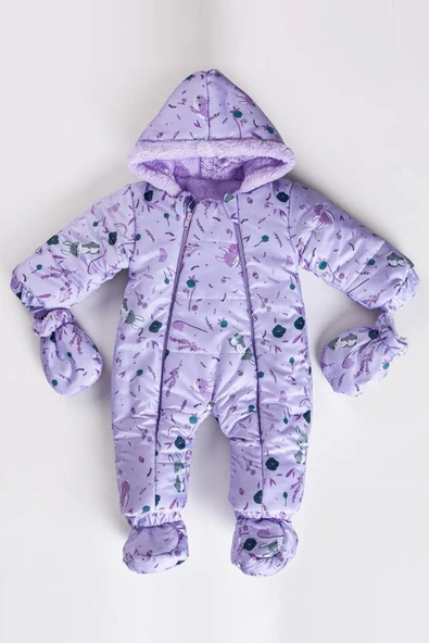 Tavşan Desenli Patikli Fermuarlı İçi Kürklü Kapüşonlu Kışlık Erkek Kız Bebek Astronot Tulum Kozmonot