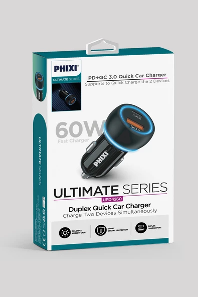 Oto Çakmaklık Şarjı Süper Hızlı 60W Çift Çıkışlı PD Araç Şarj Adaptörü +Typc to Typc 1m Kablo - 4