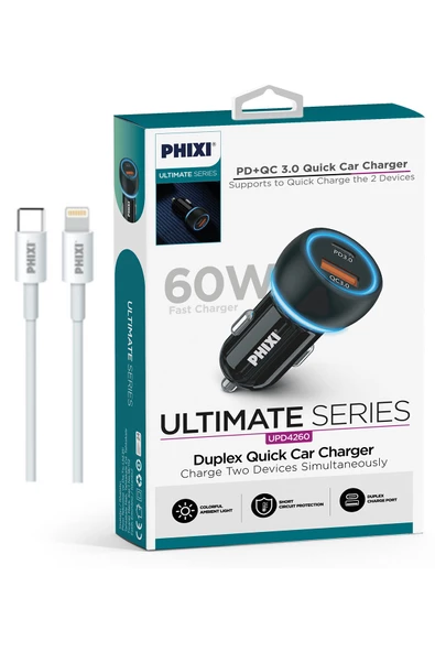 Oto Çakmaklık Şarjı Süper Hızlı 60W + Iphone Apple Kablosu Çift Çıkışlı PD Araç Şarj Adaptörü - 4