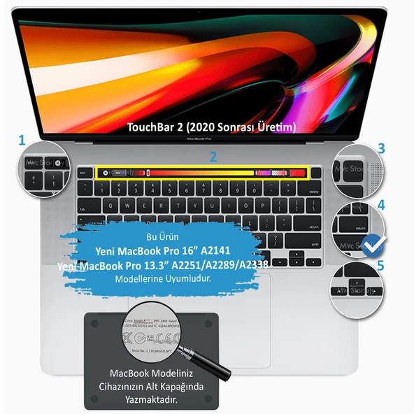 Macbook Pro Klavye Koruyucu 13inç M1-M2 (US to TR) Touchbarlı A2338 A2289 A2251 A2141 Uyumlu - 2