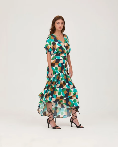 Saten V Yaka Fırfırlı Elbise Multi Geometrik Desen - Resim 3