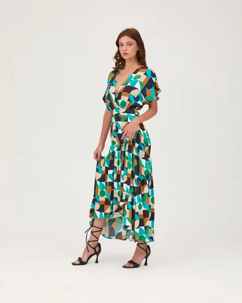 Saten V Yaka Fırfırlı Elbise Multi Geometrik Desen - Resim 2