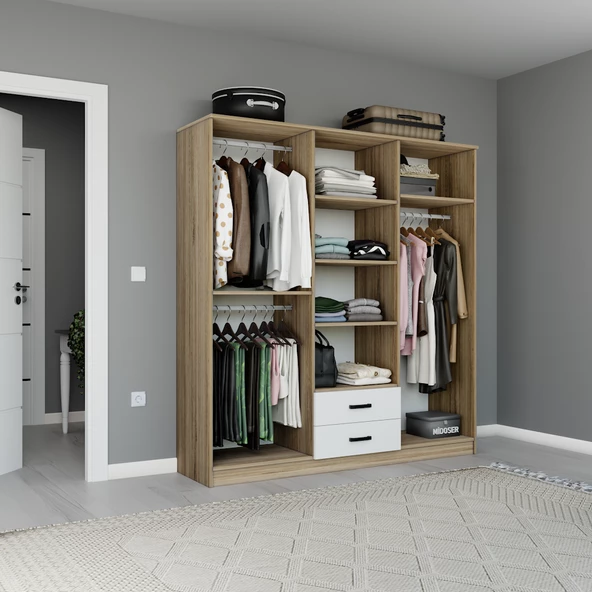 Midoser Ekoser 6 Kapılı 2 Çekmeceli Elbise Dolabı Açık Ceviz - Beyaz - 3