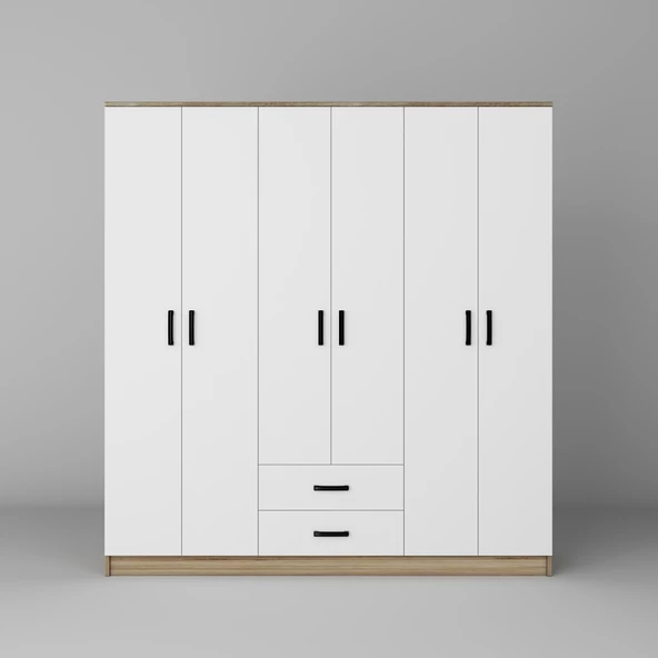 Midoser Ekoser 6 Kapılı 2 Çekmeceli Elbise Dolabı Açık Ceviz - Beyaz - 4