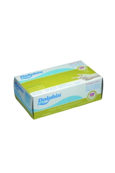 Dolphin Latex Pudralı Eldiven - Tıbbi Medikal Muayene Lateks Eldiven 100'lü Paket -m Beden