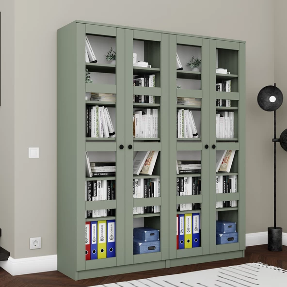 Midoser Lucas Cam Kapaklı Vitrin - Büfe - Kitaplık ve Çok Amaçlı Dolap ( AYARLANABİLİR RAF ) - Yeşil - 6