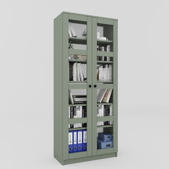 Midoser Lucas Cam Kapaklı Vitrin - Büfe - Kitaplık ve Çok Amaçlı Dolap ( AYARLANABİLİR RAF ) - Yeşil - 4