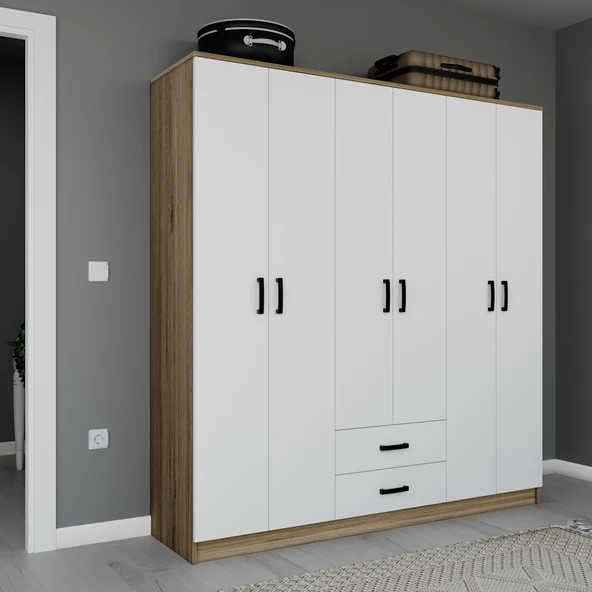 Midoser Ekoser 6 Kapılı 2 Çekmeceli Elbise Dolabı Açık Ceviz - Beyaz - 2