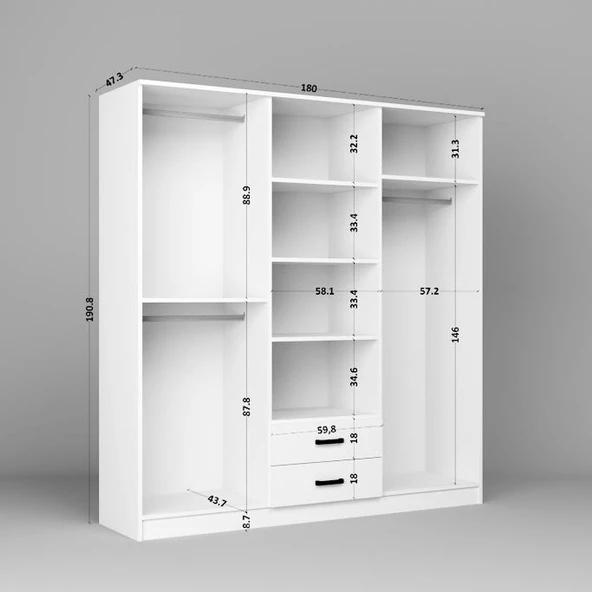 Midoser Ekoser 6 Kapılı 2 Çekmeceli Mat Beyaz Elbise Dolabı-gardırop - 5