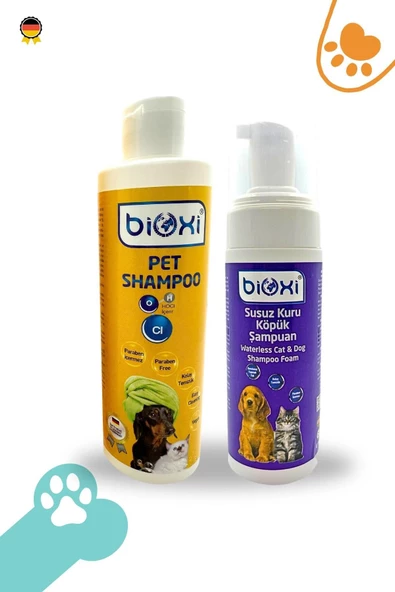 Bioxi ® Kedi & Köpek Için Vegan Pet Şampuan 200 ml Susuz Kuru Köpük Şampuan 150 ml | 2'li Set!