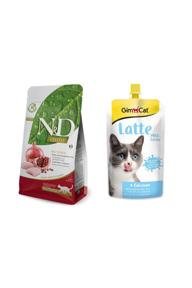 N&D Nd Tahılsız Tavuklu Narlı Kısırlaştırılmış Yetişkin Mama 1,5 kg + Gimcat Latte Sıvı Kedi Sütü 200 ml