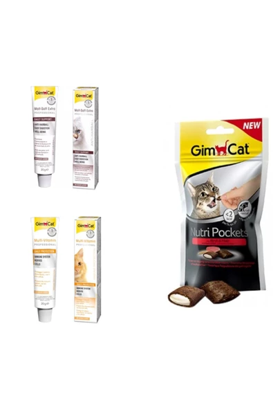 Gimcat Multi Vitamin Paste + Anti-hairball Malt Paste Kedi Macunları 20 g + Biftekli Kedi Ödülü 60 g