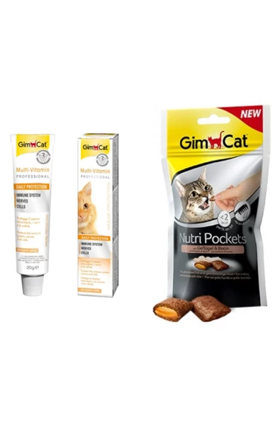 Gimcat Multi Vitamin 20 gr Paste Kedi Macunu + Nutri Pockets Kümes Hayvanlı Kedi Ödülü 1 Adet 60 gr