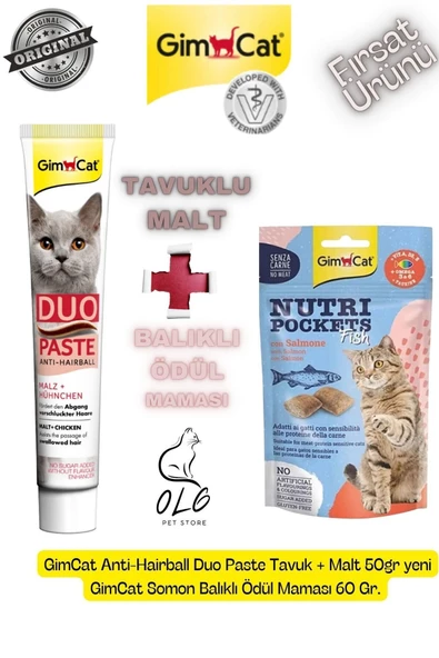 Gimcat Tavuklu Malt ve Ödül Maması Paket (Gimcat Antihairball Tavuklu Malt + Somon Balıklı Ödül )