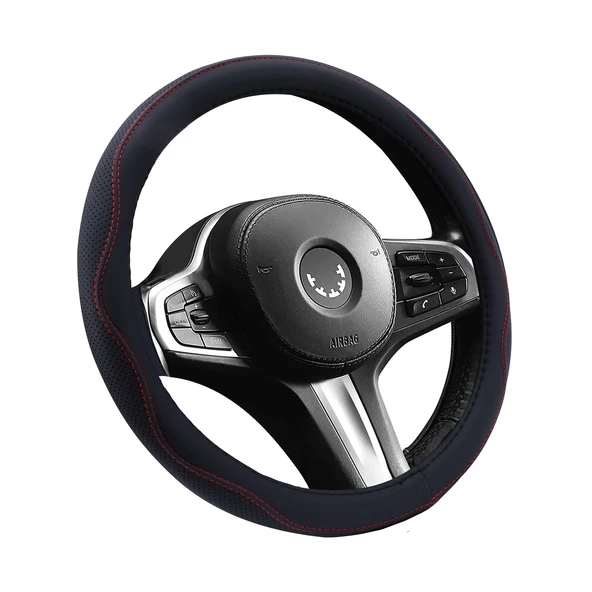 Oto Geçme Direksiyon Kılıfı Desenli Kırmızı Dikişli Suni Deri Siyah Renk TEQ-014BK/RD