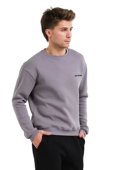 JUSTEVER Bisiklet Yaka Nakışlı Şardonlu İçi Polarlı Gri Erkek Sweatshirt - Volar