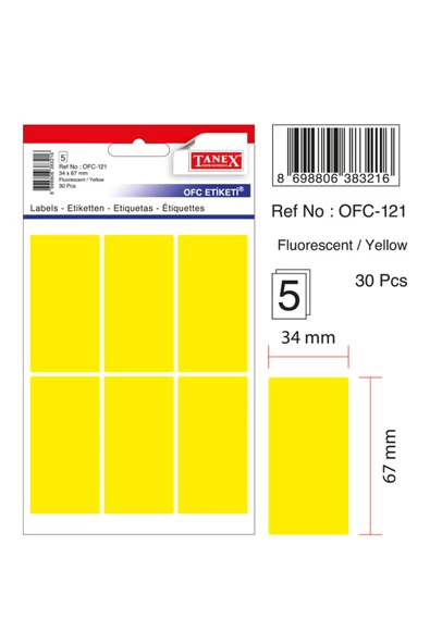 Ofc-121 Çıkartma Etiket 34x67 Mm (sarı 60 Lı - Renkliler 30 Lu Paket)