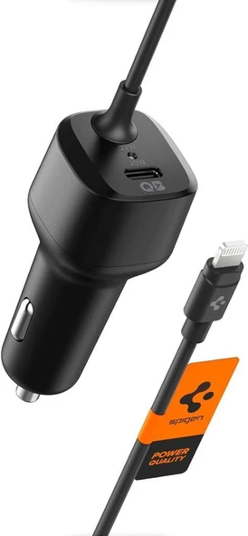 Spigen 47W USB-C 2 Port Araç içi Adaptör + Lightning Şarj Kablosu - Hızlı Şarj Aleti iPhone & iPad Type-C PC2100 - ACP04205-Outlet