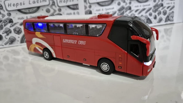Metal Yolcu Otobüsü Oyuncak Sesli Işıklı 19 Cm Kapı Açılır Çekbırak Diecast Model Araç Kırmızı Otobus - 4