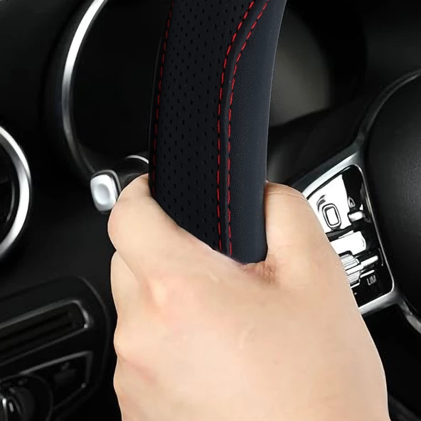 Oto Geçme Direksiyon Kılıfı Desenli Nikelaj Detaylı Suni Deri Gri Renk TEQ-015BK - 4