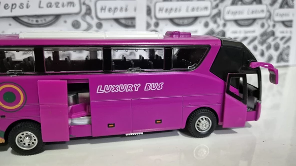 Metal Yolcu Otobüsü Oyuncak Sesli Işıklı 19 Cm Kapı Açılır Çekbırak Diecast Model Araç Pembe Otobus - 3