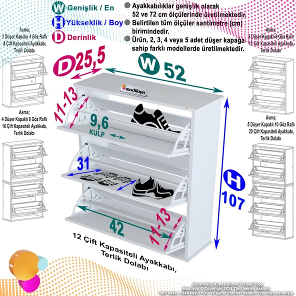 Modilayn VARBİ Asma Antre 72 x 115 x 25, 5 cm’ lik 3 Düşer Kapak 6 Göz Raf Bölmeli Ayakkabılık - 5