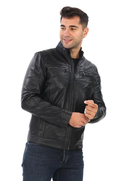 Spor Model Erkek Deri Mont Siyah Renk - 4