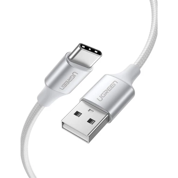 UGREEN USB-C TO USB-A 3A QC ÖRGÜLÜ HIZLI ŞARJ KABLOSU 2 MT GÜMÜŞ BEYAZI 60133