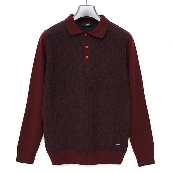 Erkek Polo Yaka Uzun Kol Slim Fit Triko - 189304 - Koyu Bordo