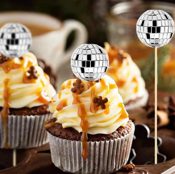 Disco Topu Ahşap Çubuklu Pasta Süsü 3 cm 6 Adet - 3
