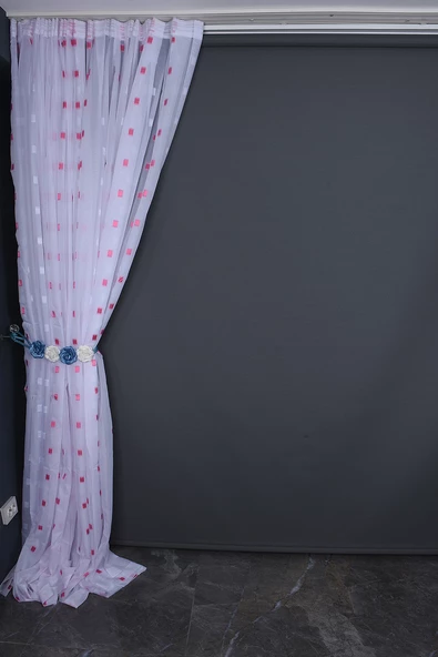 TERGAL FUŞYA KARELİ BEYAZ RENK TEK KANAT Hazır Dikilmiş Pileli Fon Perde 300*260 Cm - Resim 6