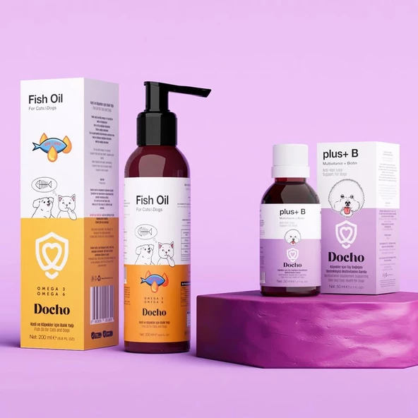 Docho Kedi ve Köpekler İçin Balık Yağı 200 ml ve Köpekler İçin Tüy Sağlığı Destekleyici Damla 50 ml Seti