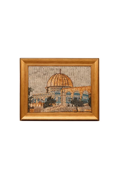 Mescid-i Aksa Kapısı ile Kubbet-üs-Sahra'nın Ağaçlarla Sanatsal Taş Mozaik Tablosu, Orta Boy, Altın Çerçeve 39*49 CM P00030