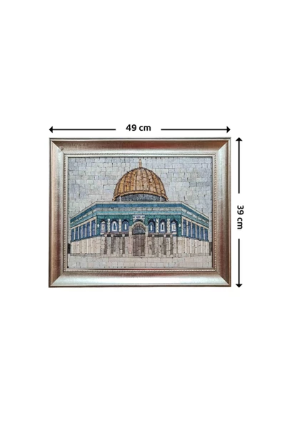 Kubbe-i Sahra'nın Taş Mozaik Sanatı Tablosu, Büyük Boy, Gümüş Çerçeve 39*49 Cm P00029